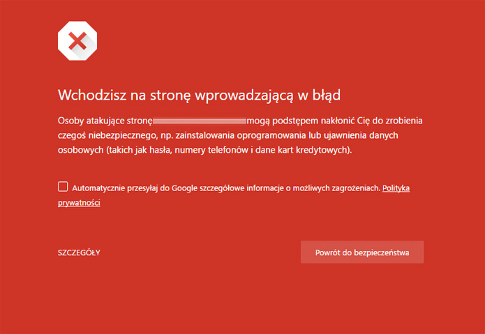 Fałszywa strona wyłudzająca dane zablokowana przez przeglądarkę internetową